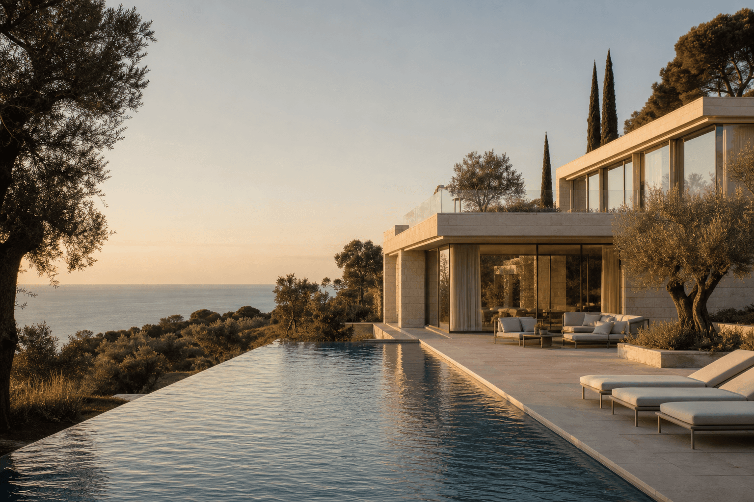 Modern coastal villa with an infinity pool at sunset
